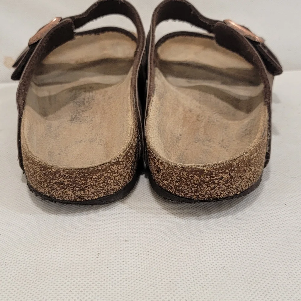 BIRKENSTOCK BROWN LEATHER SLIDE STYLE SANDALS